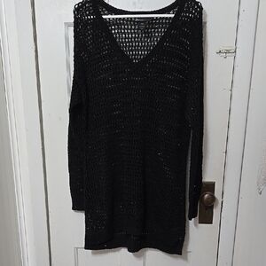 Lane Bryant Vneck Black Sequin Open Hole Knit Women's Sweater 14/16
